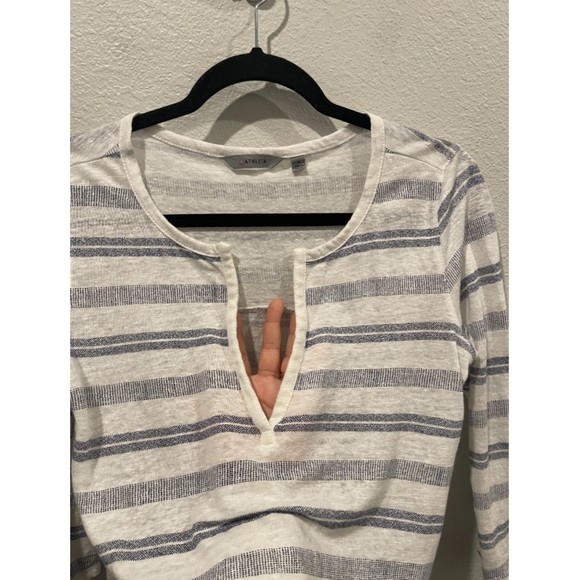 ATHLETA Striped V-Neck 3/4 Sleeve White Blue Blouse - Picture 3 of 4